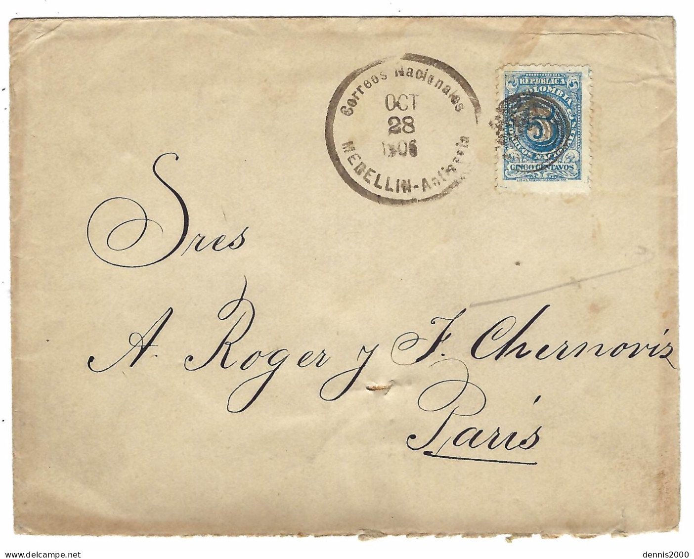 1908 - Enveloppe  De MEDELLIN  Affr. 5 Centavos Oblit.  Cercles Concentriques  Pour Paris - Colombie