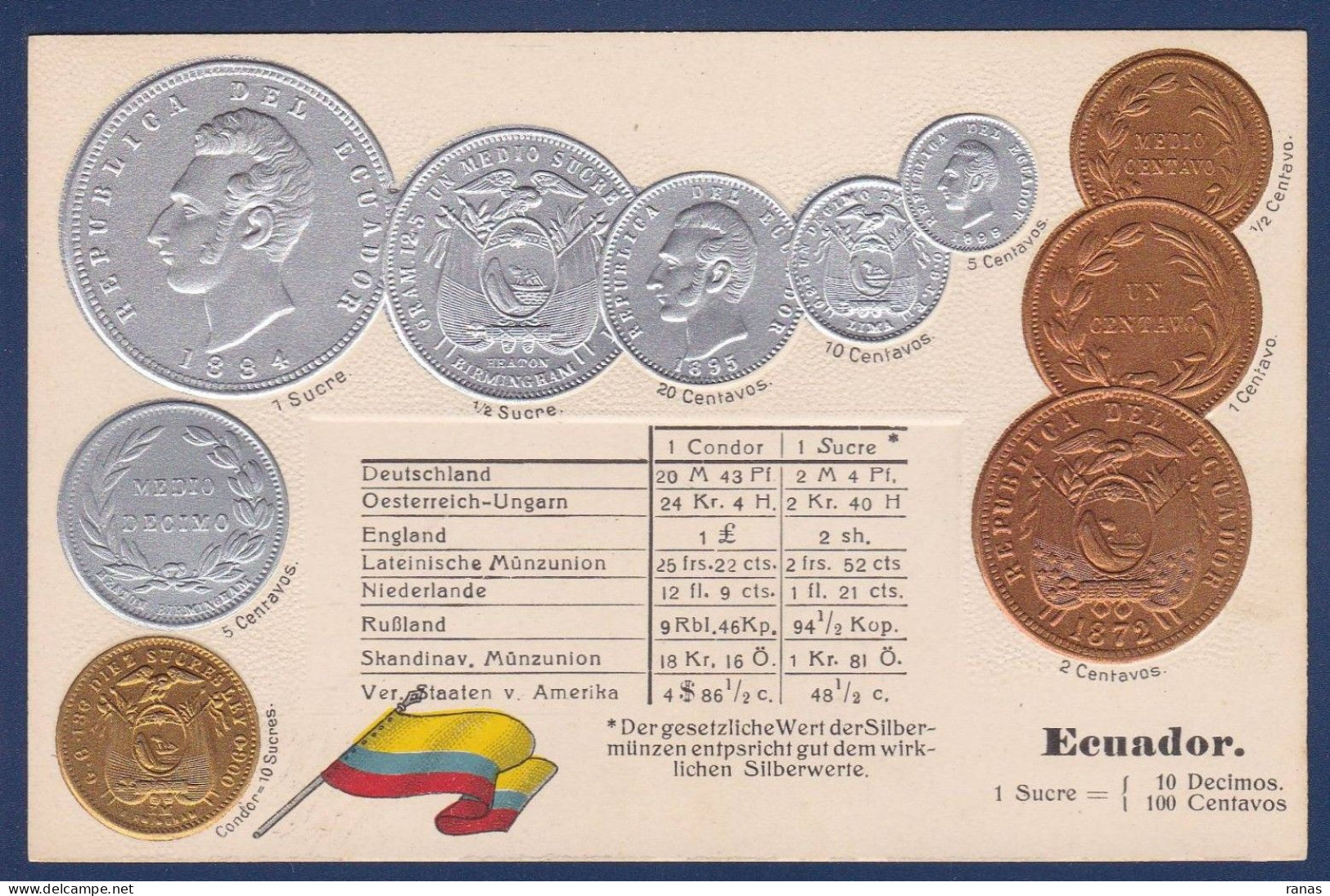 CPA Monnaie Numismatique Gaufrée Embossed Non Circulée Equateur Ecuardor - Monnaies (représentations)