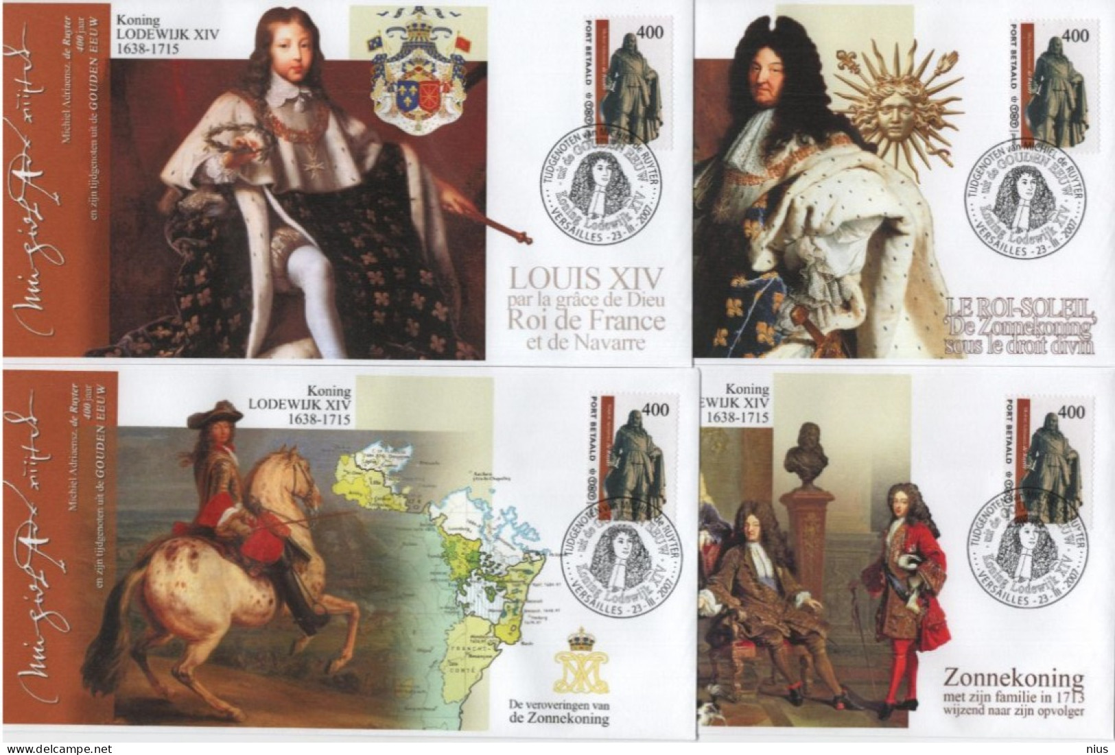 Nederland Netherlands 2007 FDC X4 Port Betaald, Louis XIV Roi De France, Koning Lodewik XIV, Canceled In Versailles - FDC