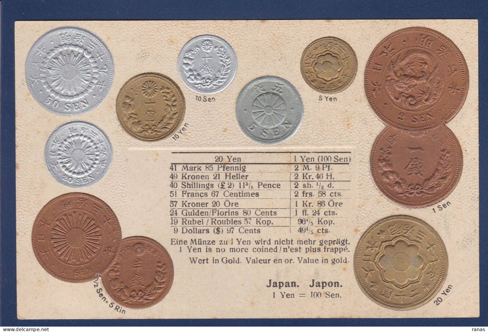 CPA Monnaie Numismatique Gaufrée Embossed Non Circulée Japon Japan - Coins (pictures)