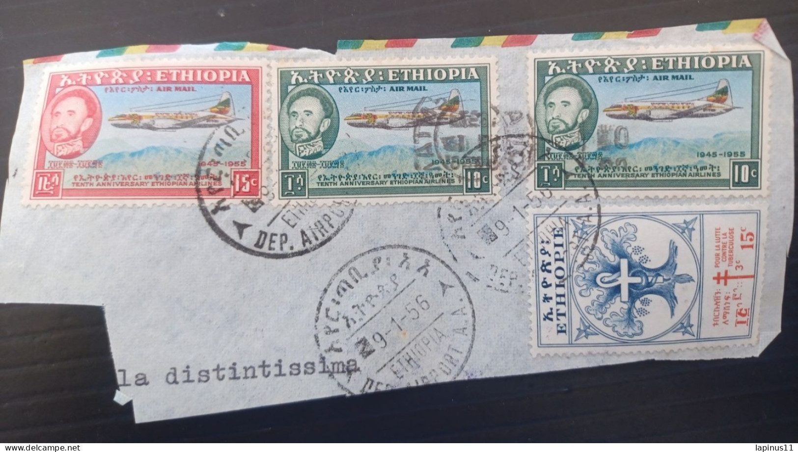 ETIOPIA 1956 AIRMAILYVERT N 304 LUTTE CONTRE LA TUBERCULOSE N 35-36 AIRMAIL FRAGMANT - Etiopia