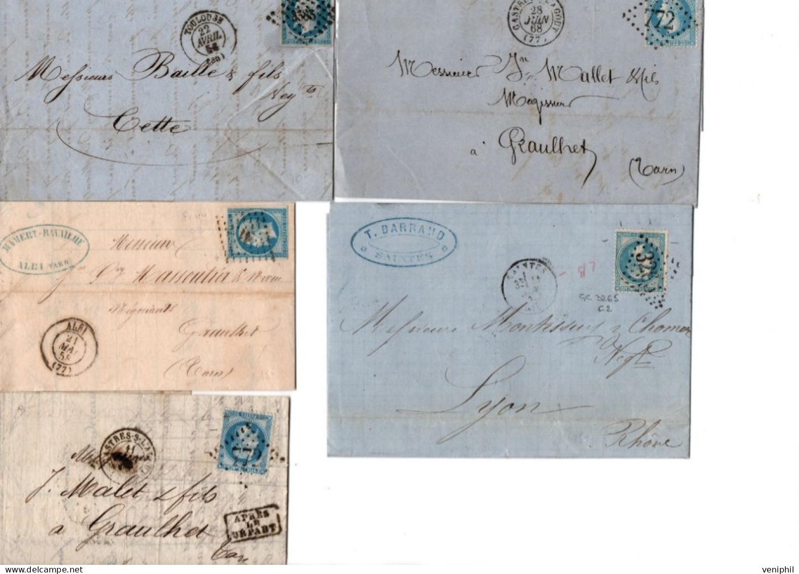 LOT DE 7 LETTRES ( 2 AFFRANCHIES N° 14 ET 5 AFFRANCHIES N° 29 -TB -ANNEE 1858-1888 - 1853-1860 Napoleone III