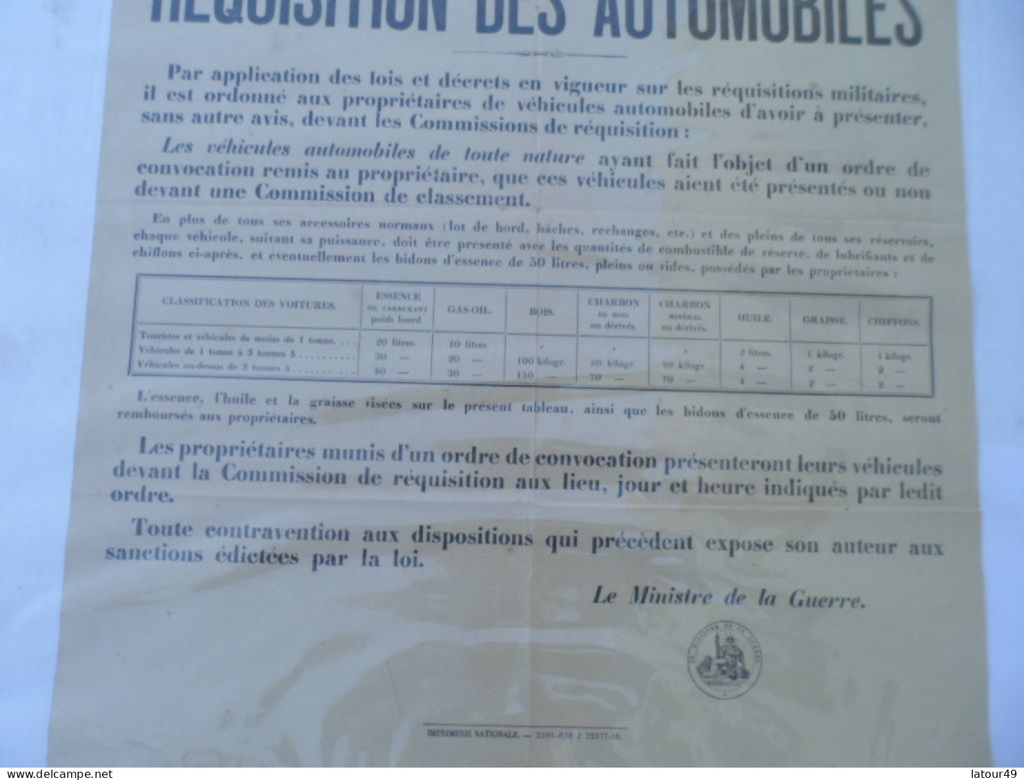 Affiche  Requisition  Des Automobiles Commune De Tournissan - 1914-18