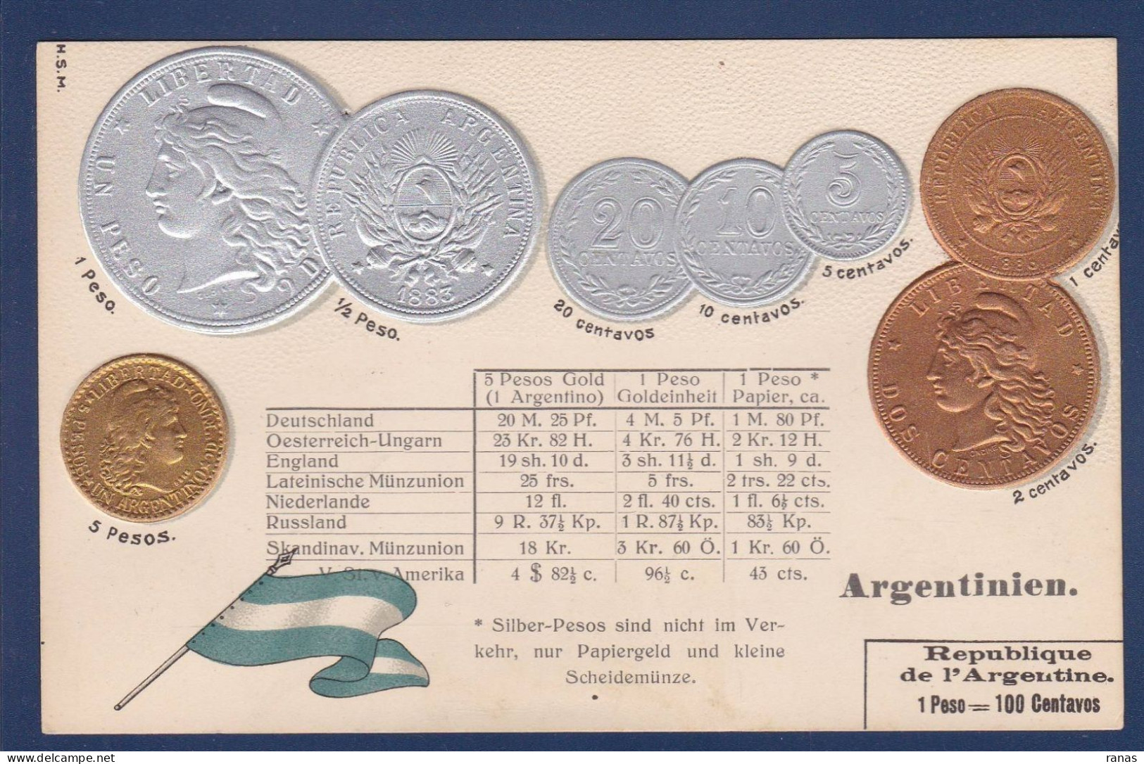 CPA Monnaie Numismatique Gaufrée Embossed Non Circulée Argentine - Monnaies (représentations)