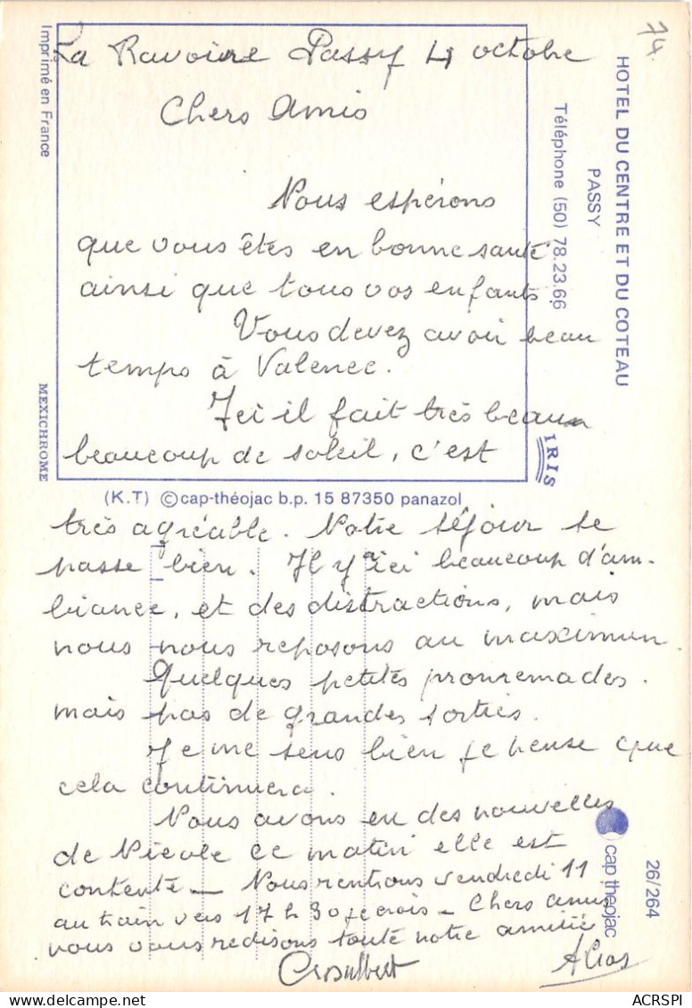 Hotel Du Centre Et Du Coteau PASSY Telephone 10(scan Recto-verso) MA315 - Passy