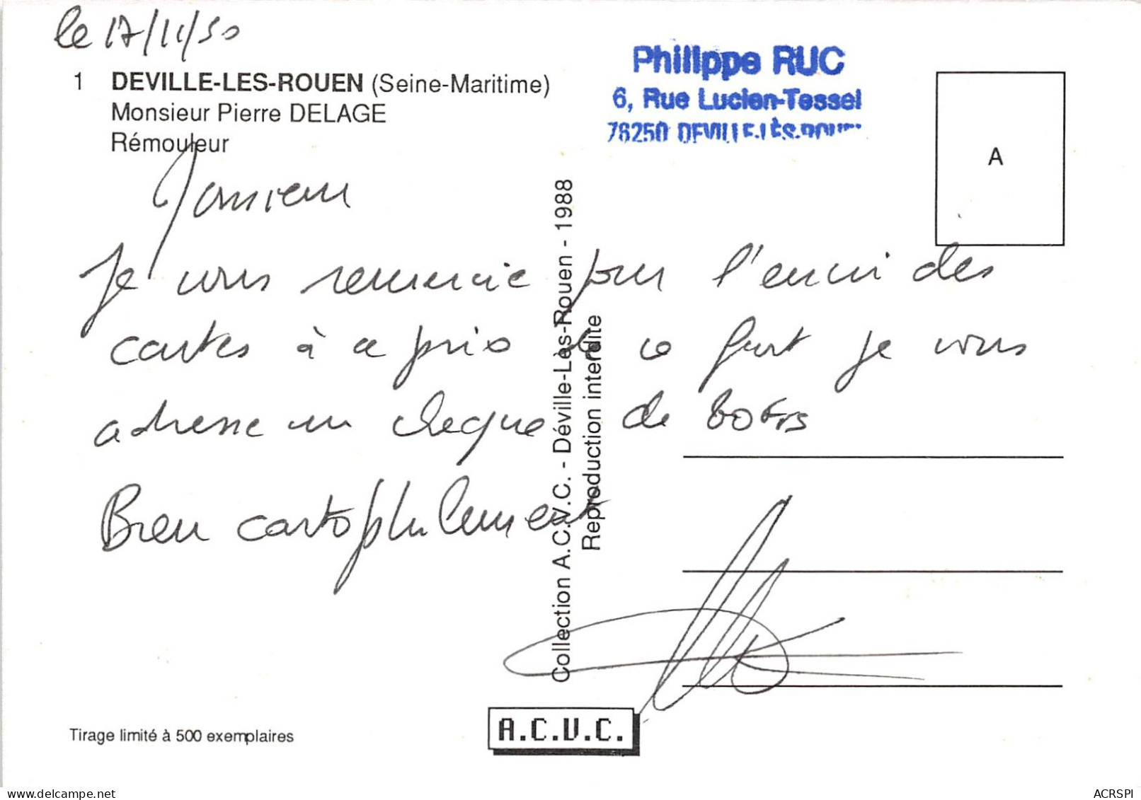 DEVILLE LES ROUEN Monsieur Pierre Delage REMOULEUR 13(scan Recto-verso)MA320 - Artisanat