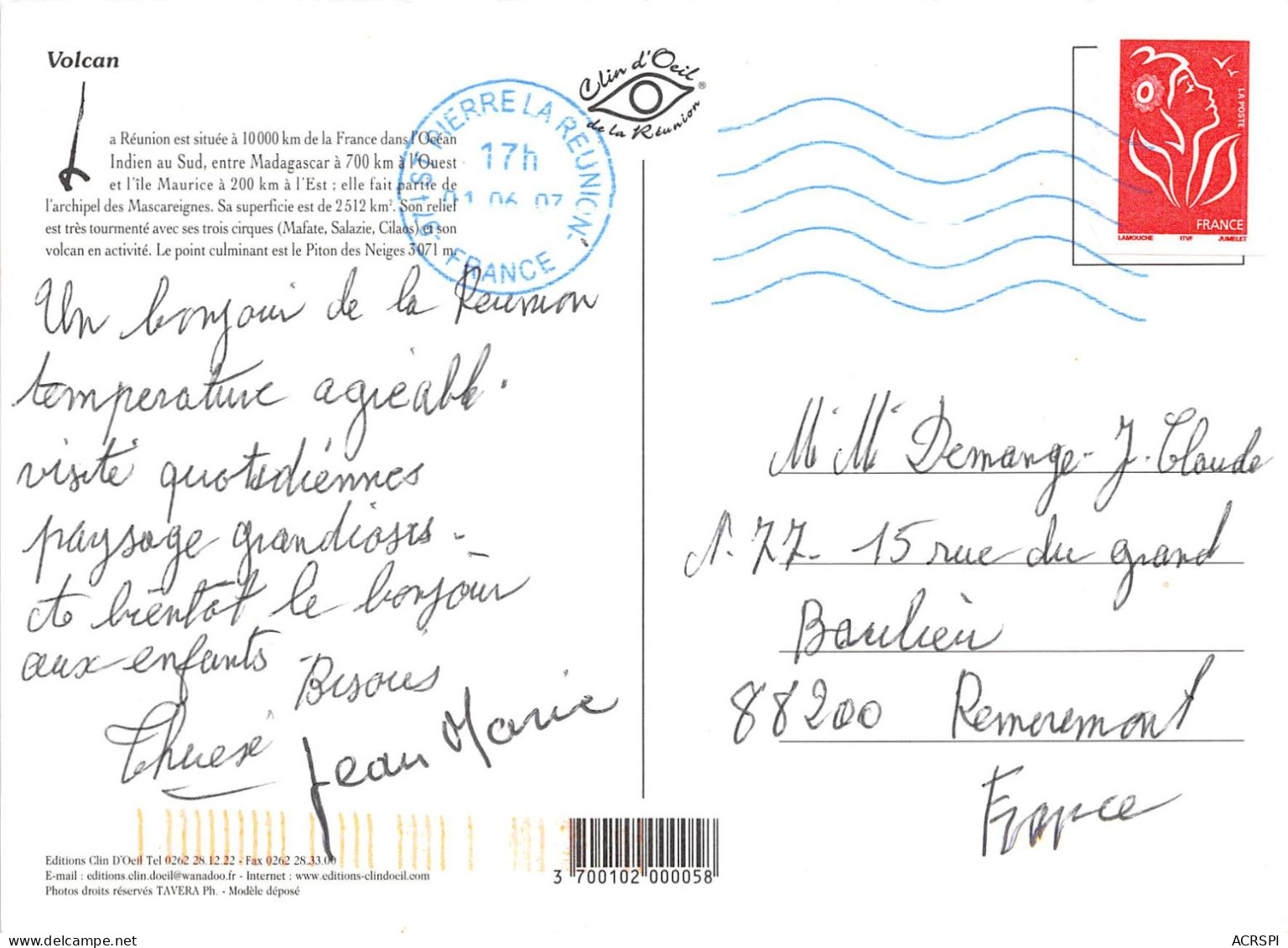 Volcan LA REUNION Est Situee A 10000 Km De La France Dans L Ocean Indien Au Sud 13(scan Recto-verso) MA388 - Saint Pierre