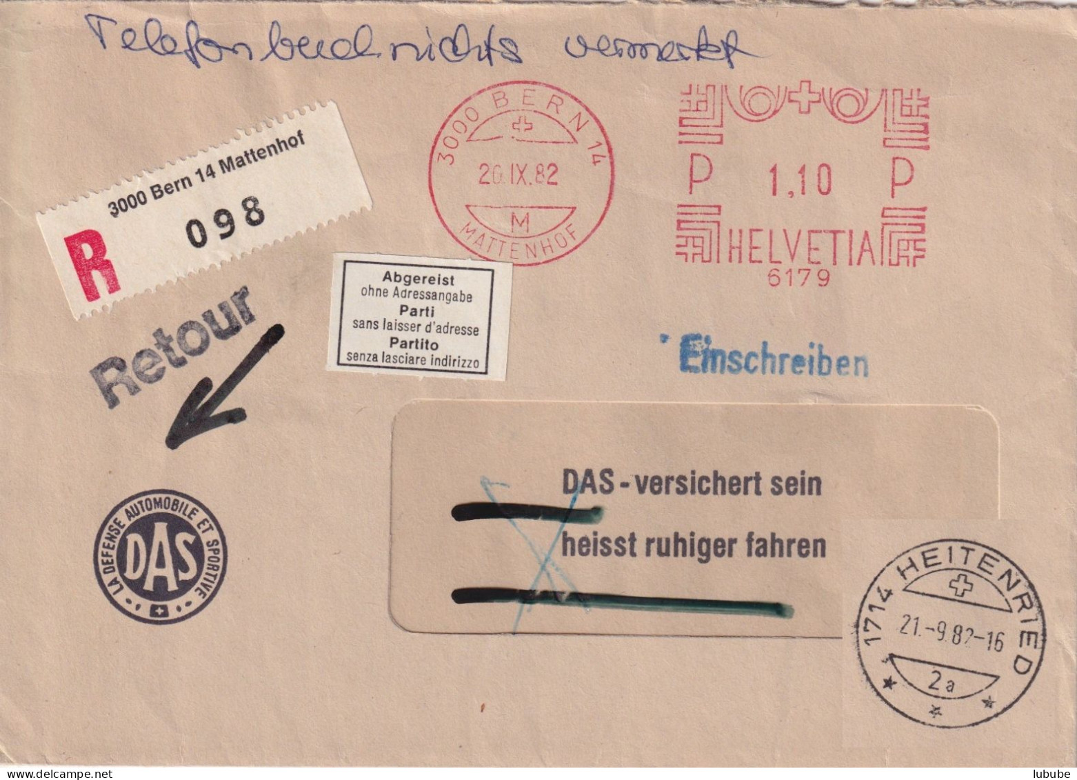 R Brief  "DAS Défense Automobile Sportive, Bern" - Heitenried  (Abgereist)      1982 - Storia Postale