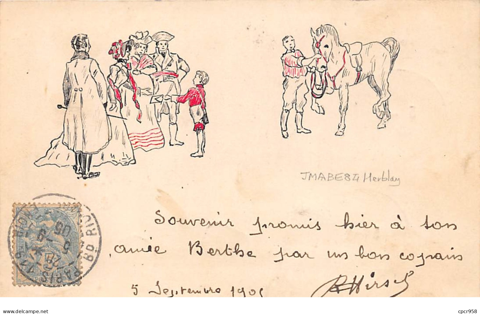 95 - N°66302 - HERBLAY - Homme Près D'un Cheval, Et Enfant Avec Un Groupe De Femmes Et D'hommes - Dessin - Herblay