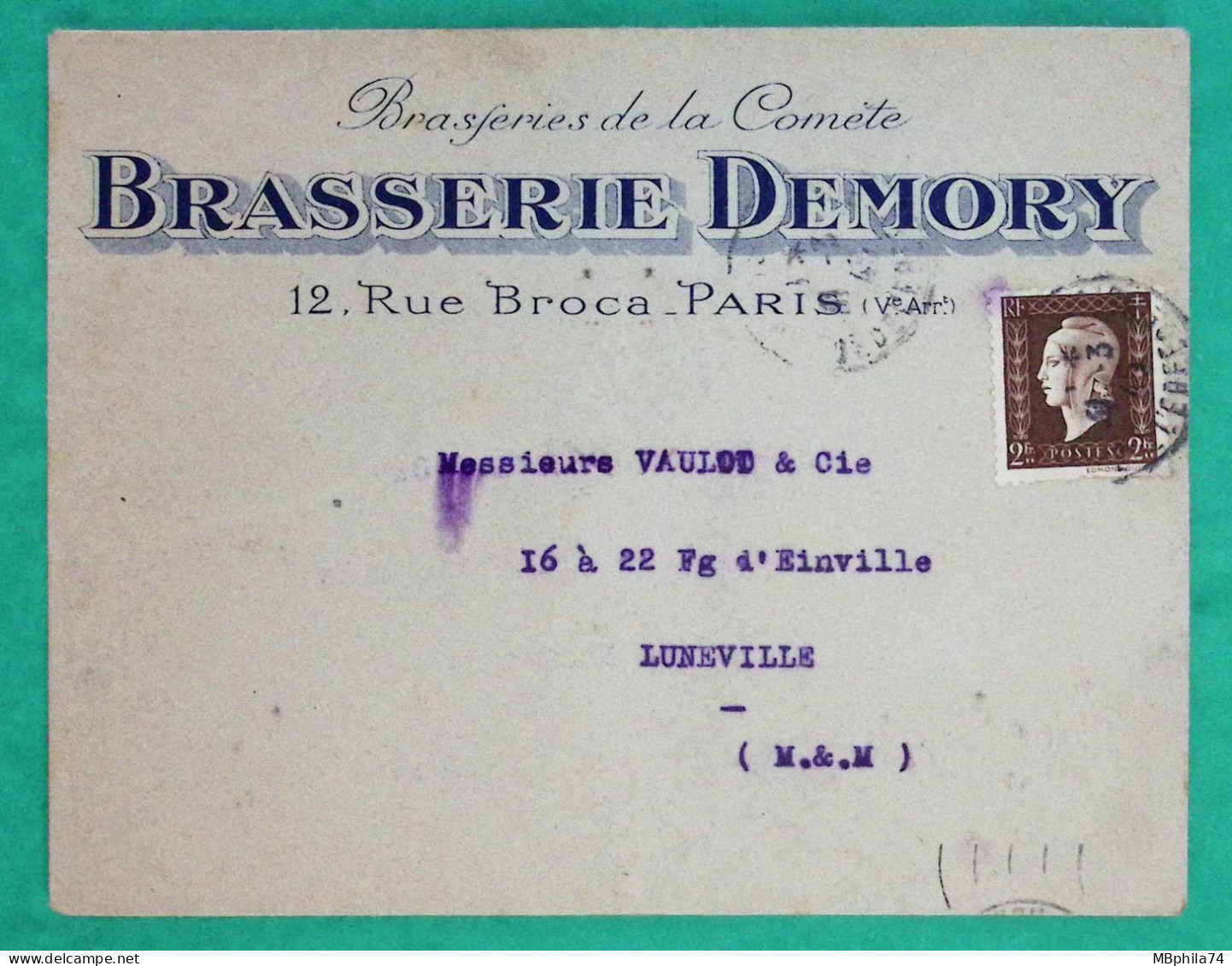 N°692 MARIANNE DULAC 2F SEUL SUR LETTRE ENVELOPPE PUB BRASSERIE DEMORY PARIS 1945 LETTRE COVER FRANCE - 1944-45 Marianne (Dulac)