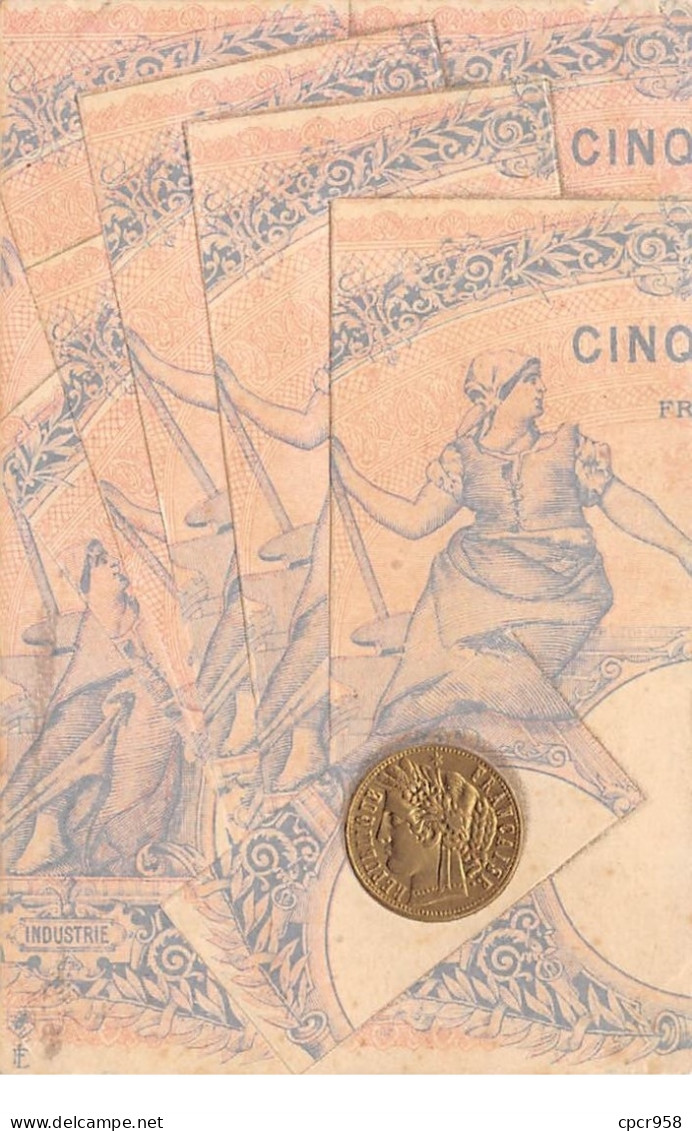 Monnaies - N°63876 - Pièce, Devant Des Billets De Cinq Francs - Monedas (representaciones)