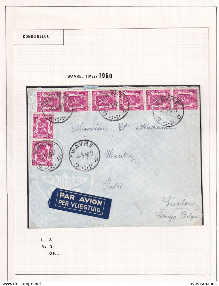 963/40 -- PAR AVION - Enveloppe TP 713 X 8 (dont Bande De 4) WAVRE 1950 Vers LISALA Congo Belge - TARIF 6F - Lettres & Documents