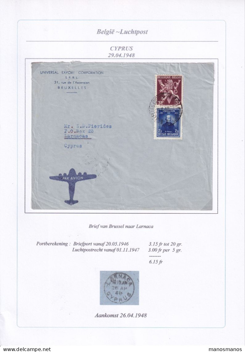 964/40 -- PAR AVION - Enveloppe TP 686 Et 748 BRUXELLES 1948 Vers LARNACA Chypre Cyprus - TB Destination - Lettres & Documents