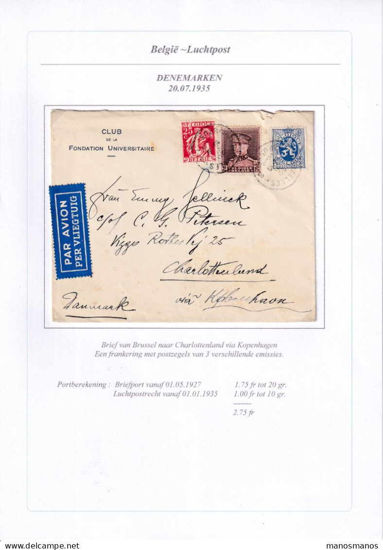 965/40 -- PAR AVION - Enveloppe TP Divers BRUXELLES 1935 Vers CHALOTTENLUND Danemark - Cartas & Documentos