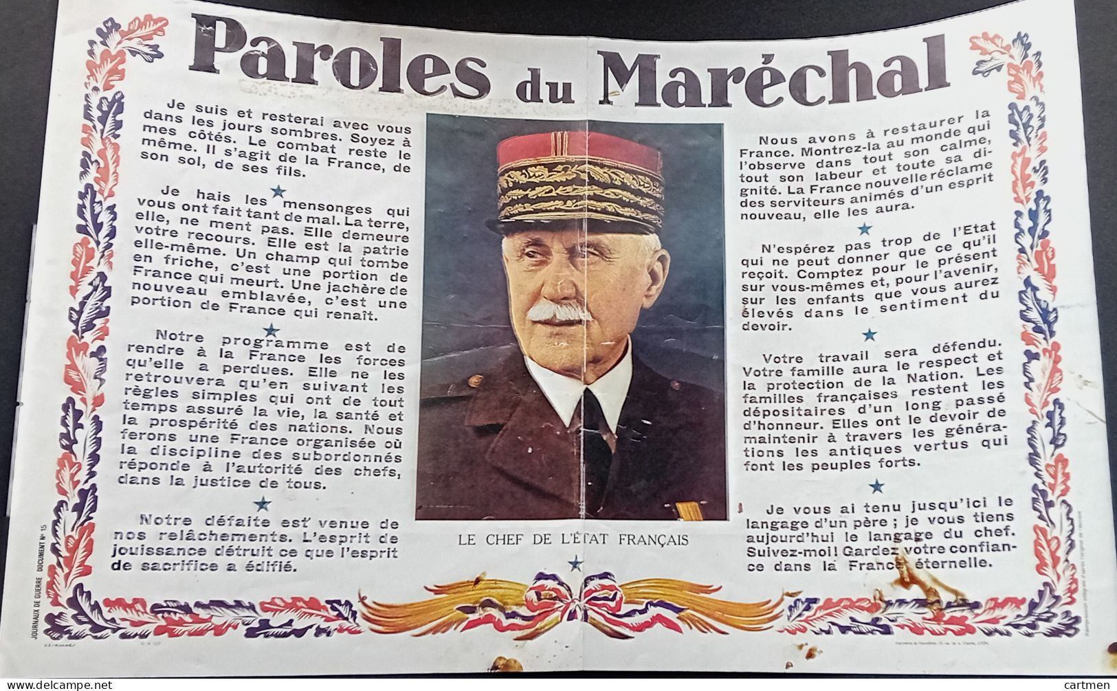 PETAIN AFFICHE PAROLES DU MARECHAL  AFFICHETTE ORIGINALE DE L'EPOQUE 46 X 30 CM UN PLI CENTRAL - 1939-45