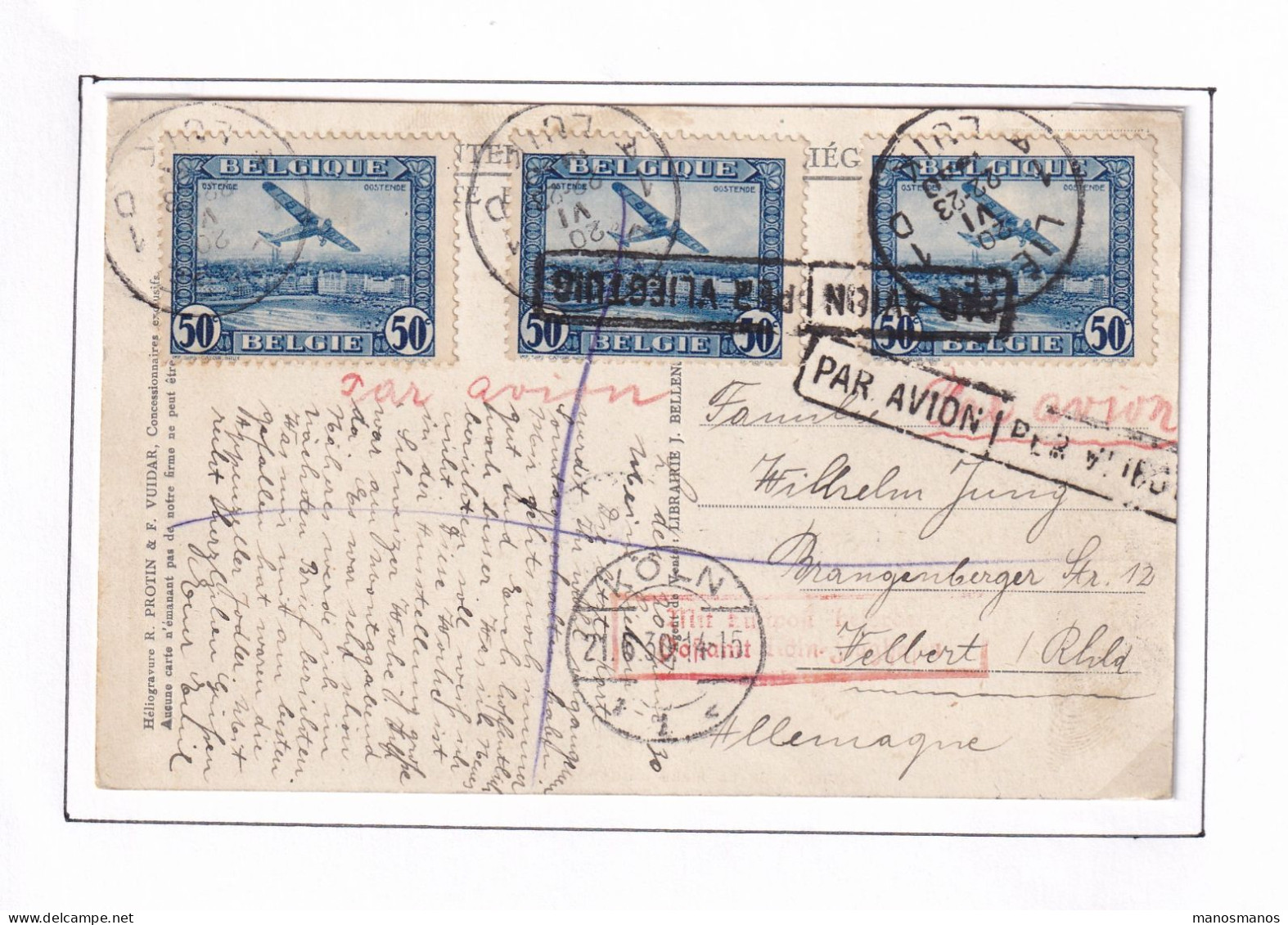 966/40 -- PAR AVION - Carte-Vue 3 X TP PA 1 LIEGE 1930 Vers KOLN Allemagne - Briefe U. Dokumente