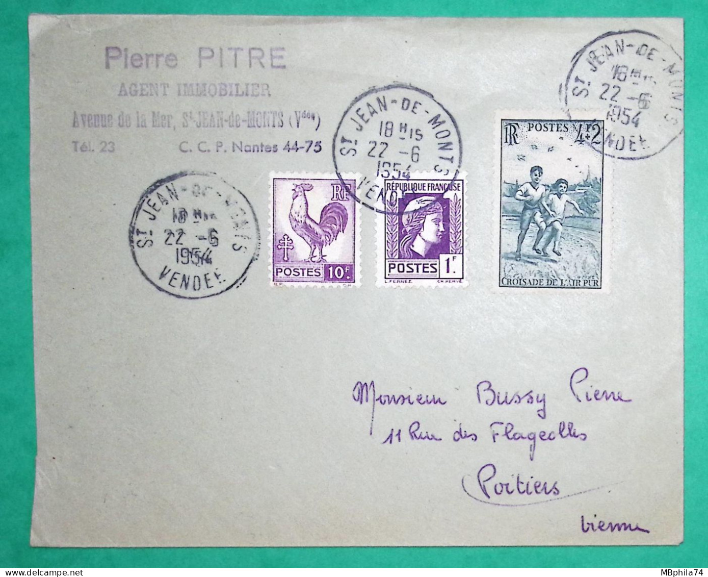 N°637 + 646 + 740 COQ MARIANNE D'ALGER LETTRE ST JEAN DE MONT VENDEE POUR POITIERS VIENNE 1954 COVER FRANCE - 1944 Hahn Und Marianne D'Alger