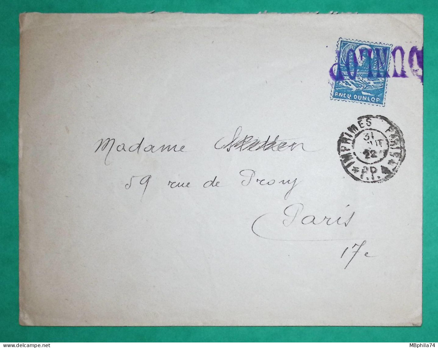 PSEUDO ENTIER PNEU DUNLOP IMPRIMES PP PARIS 1922 LETTRE COVER FRANCE - Privatganzsachen