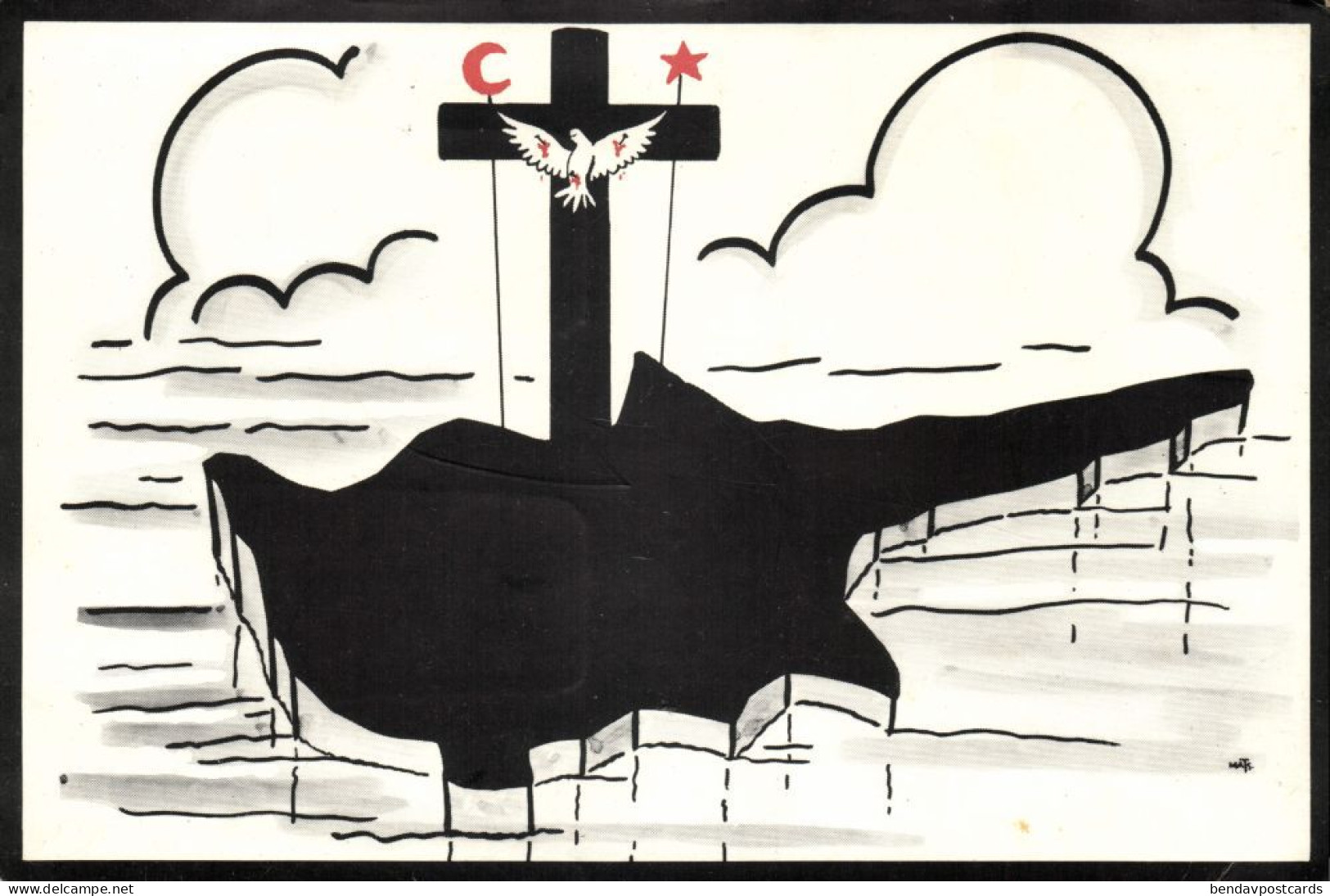 Cyprus Tragedy 1974, Dove Of Peace Crucified, Greek Propaganda Postcard - Chypre