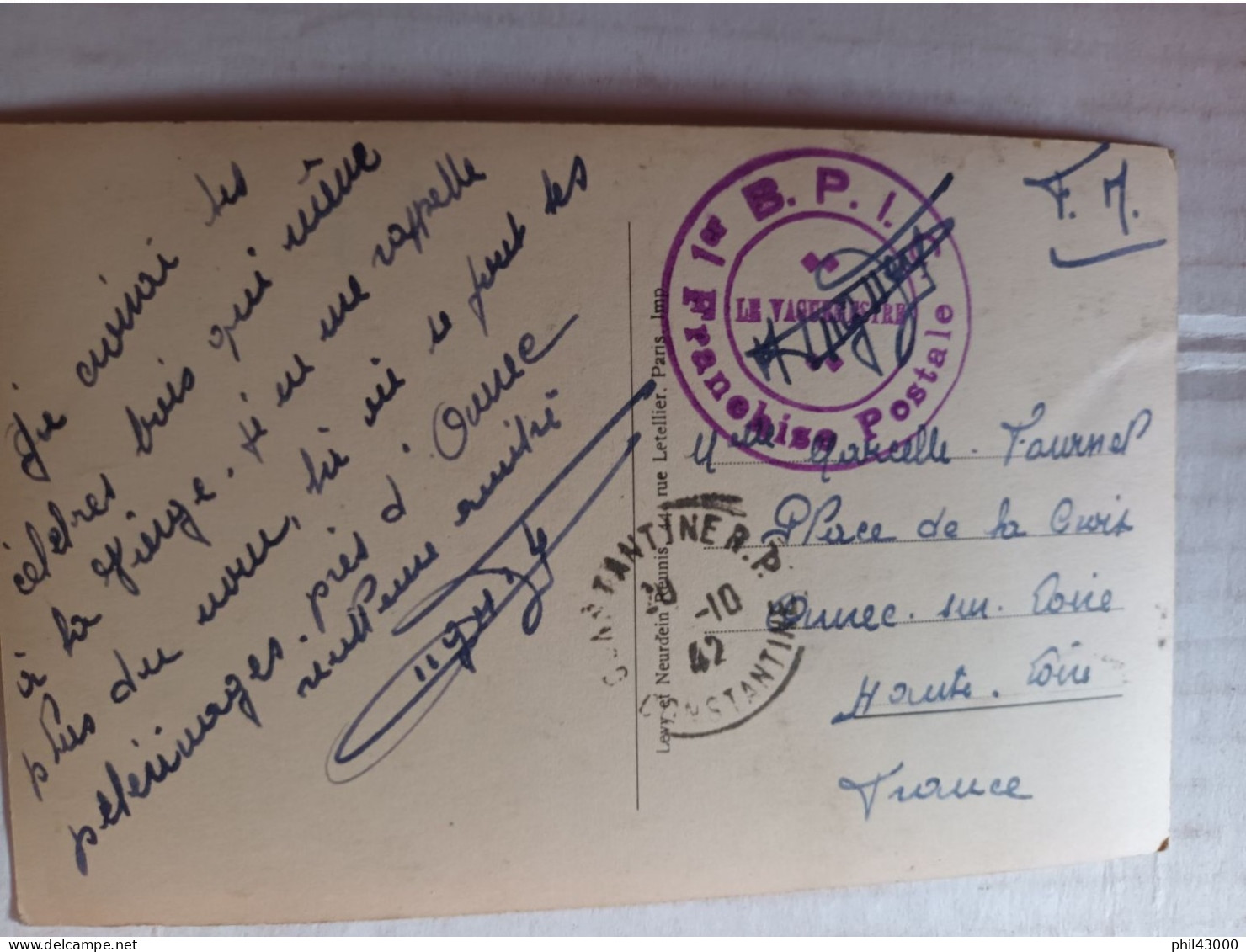 CACHET MILITAIRE SUR CPA  ALGERIE CONSTANTINE FRANCHISE POSTALE 1er B.P.I.S. LE VAGUEMESTRE - Documenti