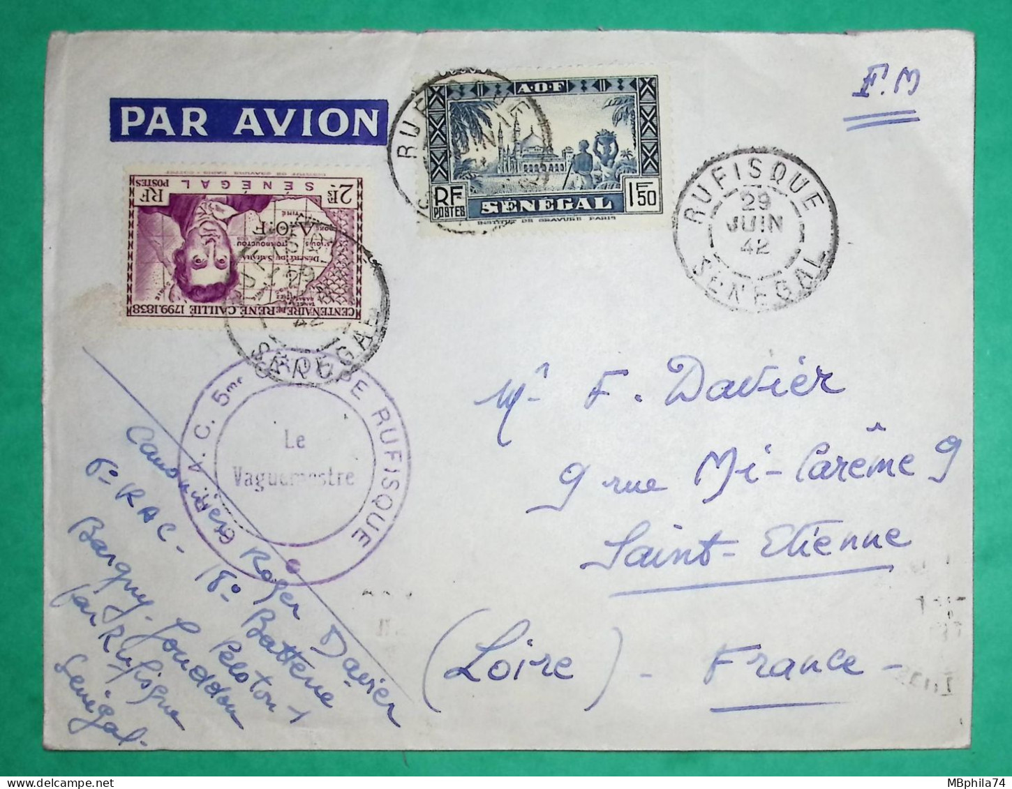 FRANCHISE MILITAIRE FM TAXE AVION RUFISQUE SENEGAL AOF POUR ST ETIENNE LOIRE 1942 WW2 LETTRE COVER FRANCE - Luftpost