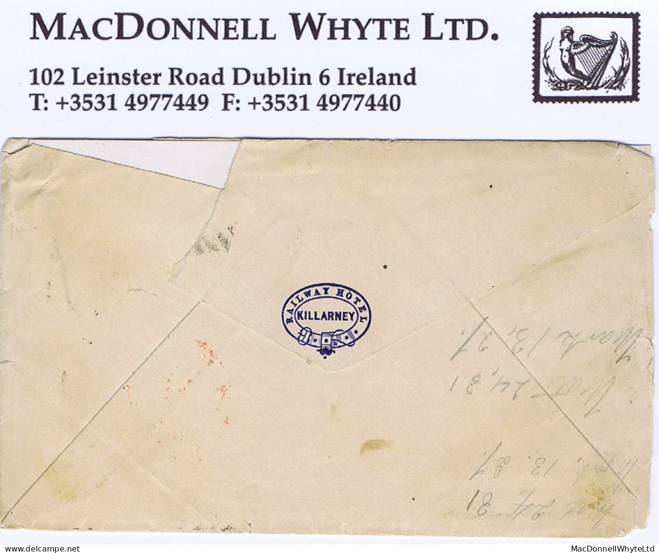 Ireland Railway 1872 Cover RAILWAY HOTEL KILLARNEY To Housatonic Railroad USA With 3d, Variously Damaged - Andere & Zonder Classificatie