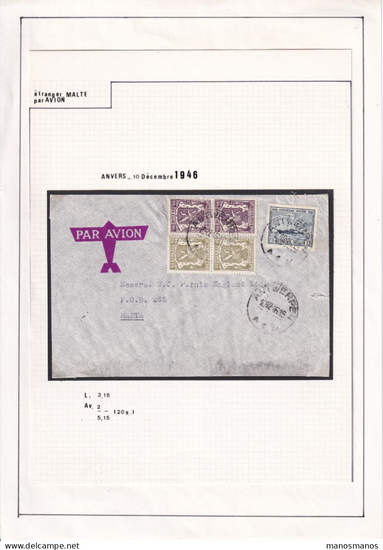 970/40 -- PAR AVION - Enveloppe TP  Petits Sceaux Et O-D ANTWERPEN 1946 Vers MALTA - Rare Destination - Brieven En Documenten
