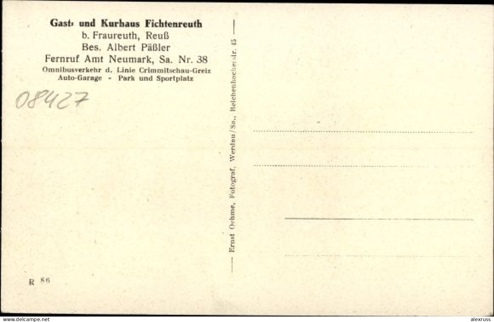 Postcard Fraureuth Sachsen, Inn, Kurhaus Fichtenreuth - Inh.: Albert Päßler, Unused, Unposted ! - Zwickau