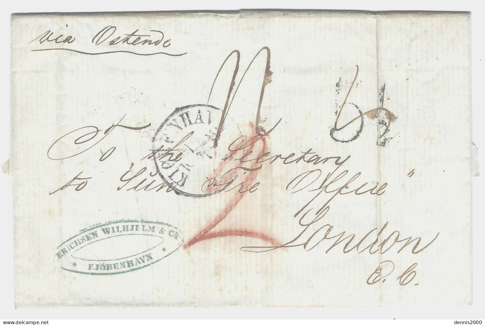 1863 - Letter From KJÖBENHAVN  To London  - Rating 2 Red + 4 (ink ) + 5 1 /2  Black Tampon  " Via Ostende " - Briefe U. Dokumente