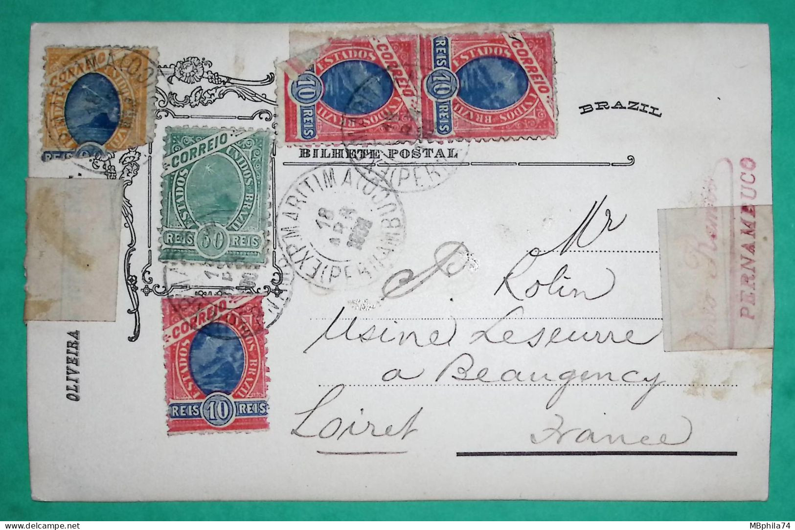 CARTE POSTALE POST CARD RECIFE PERNAMBUCO BRASIL BRESIL FOR BEAUGENCY LOIRET FRANCE 1903 FRANCE - Covers & Documents