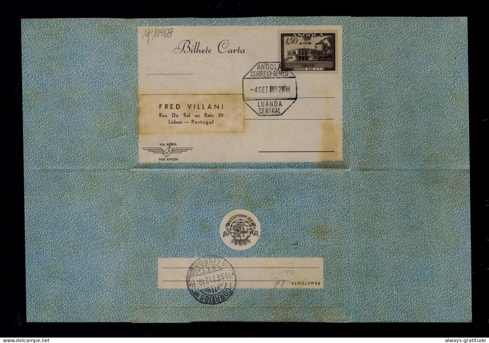 Sp10468 ANGOLA Lobito Post Office House/ Used 1952 SCARCE Aèrogramme Post Mail Courrier Portugal - Post