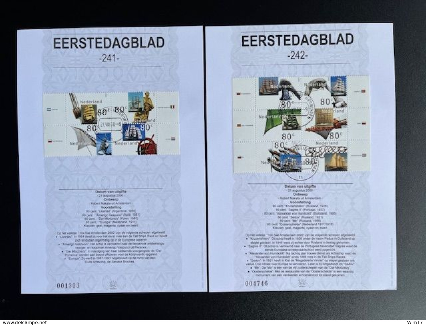 NETHERLANDS 2000 FIRST DAY CARDS SAIL AMSTERDAM NEDERLAND EDB IMPORTA 241/242 EERSTEDAGBLAD SHIPS - Cartas & Documentos