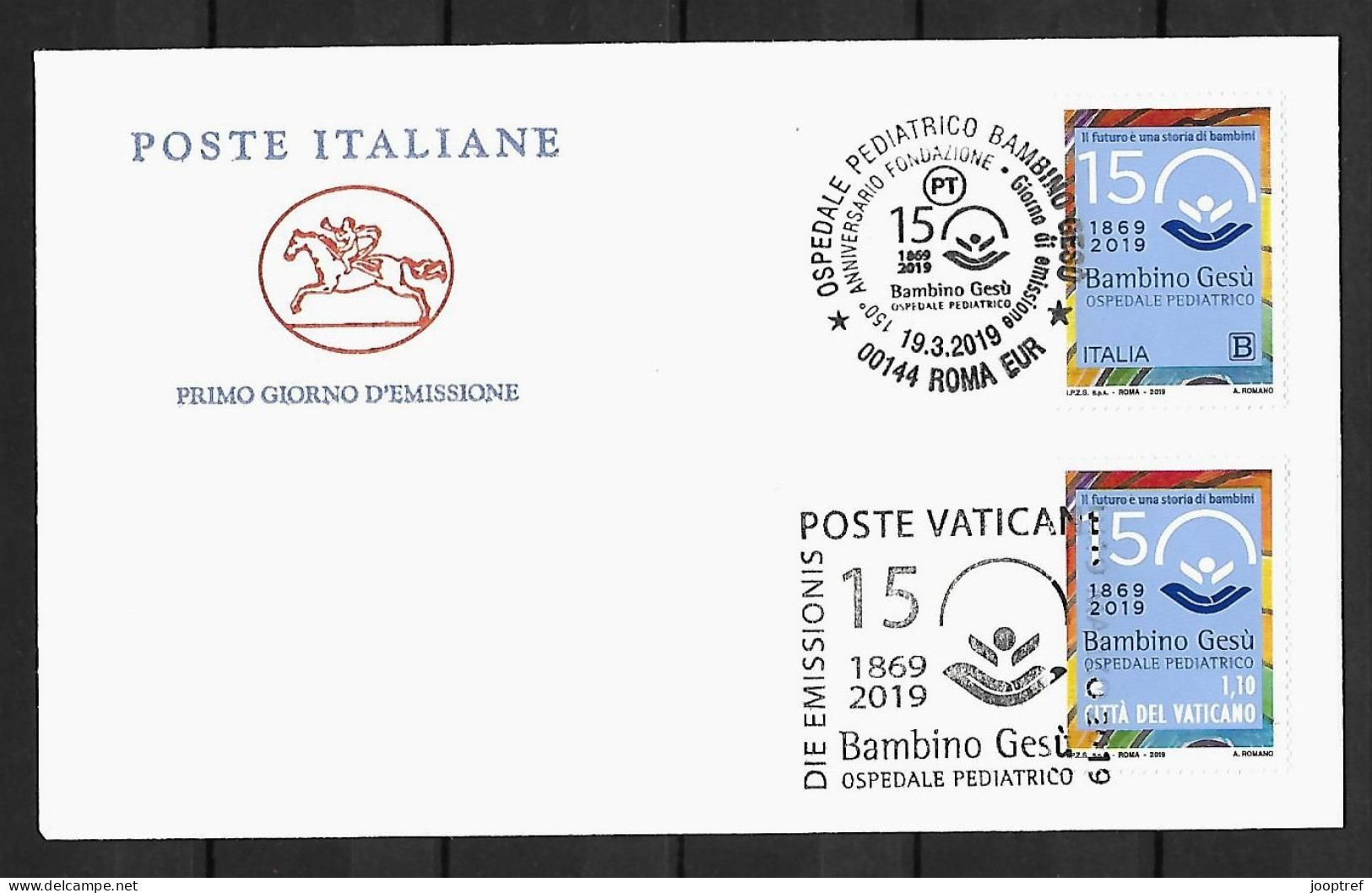 2019 Italy And Vatican City, MIXED FDC WITH BOTH STAMPS: Hospital Bambino Gesu 150 Years - Emissions Communes