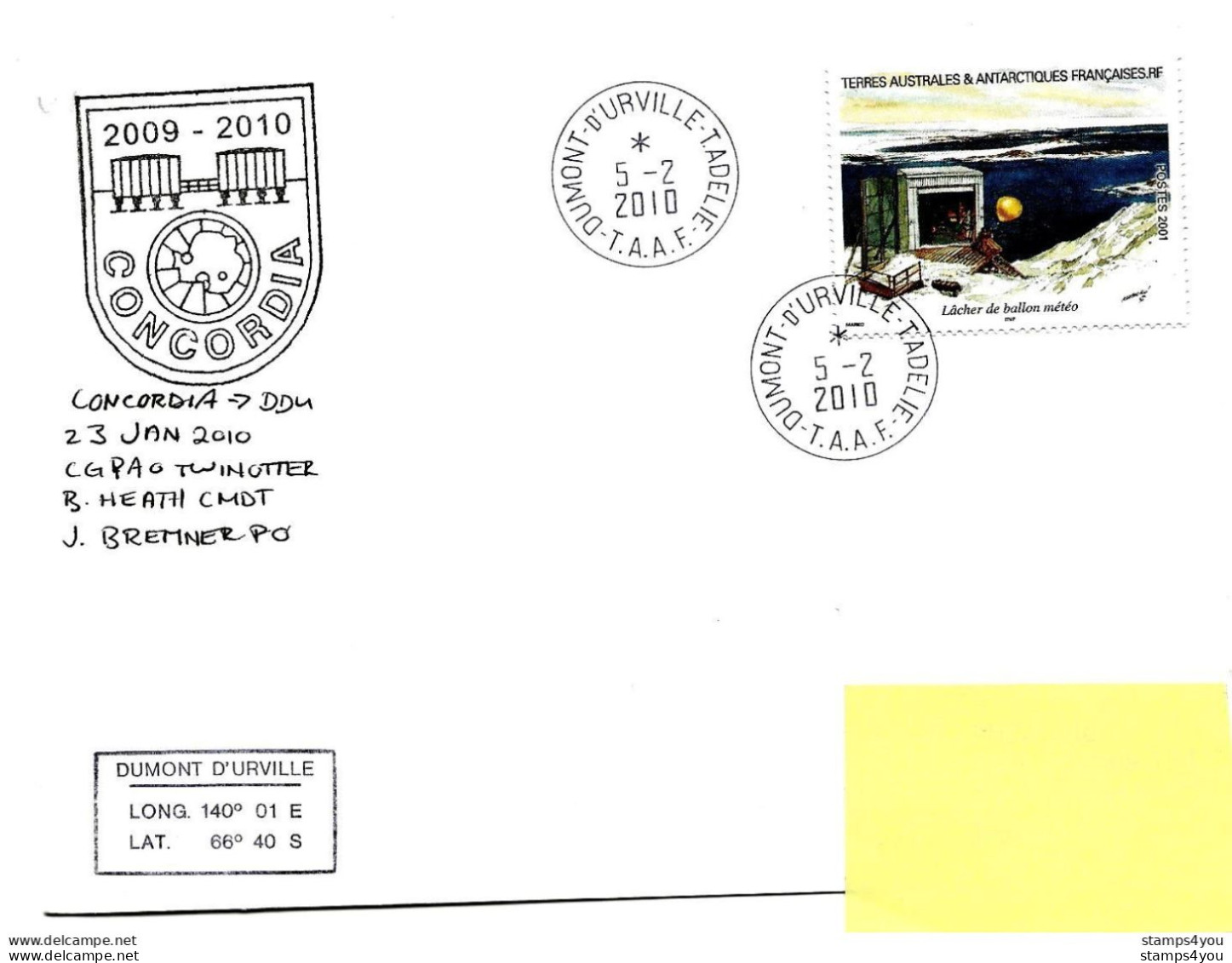 PO - 17 - Enveloppe TAAF Station Franco-italienne Concordia 2010 - Cachet Illustré Et Signtures Timbre Carnet Voyage - Estaciones Científicas