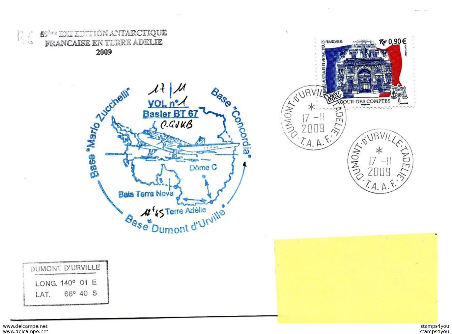 PO - 4 - Enveloppe Vol Dumont D'Urville-Concordia  DC3 2009 - Cachet Illustré - Estaciones Científicas