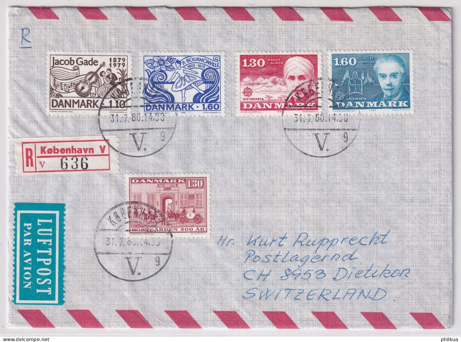 MiNr. 699 - 700 Dänemark 1980, 5. Mai. Europa: Bedeutende Persönlichkeiten R-Brief  Kopenhagen - Schweiz - Briefe U. Dokumente