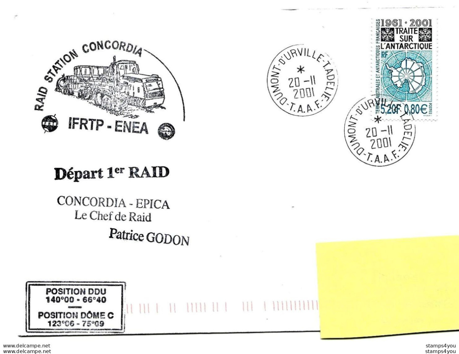 PO - 6 - Enveloppe Terre Adélie Avec Cachets 1er Raid Station Concordia  2001 - Onderzoeksstations