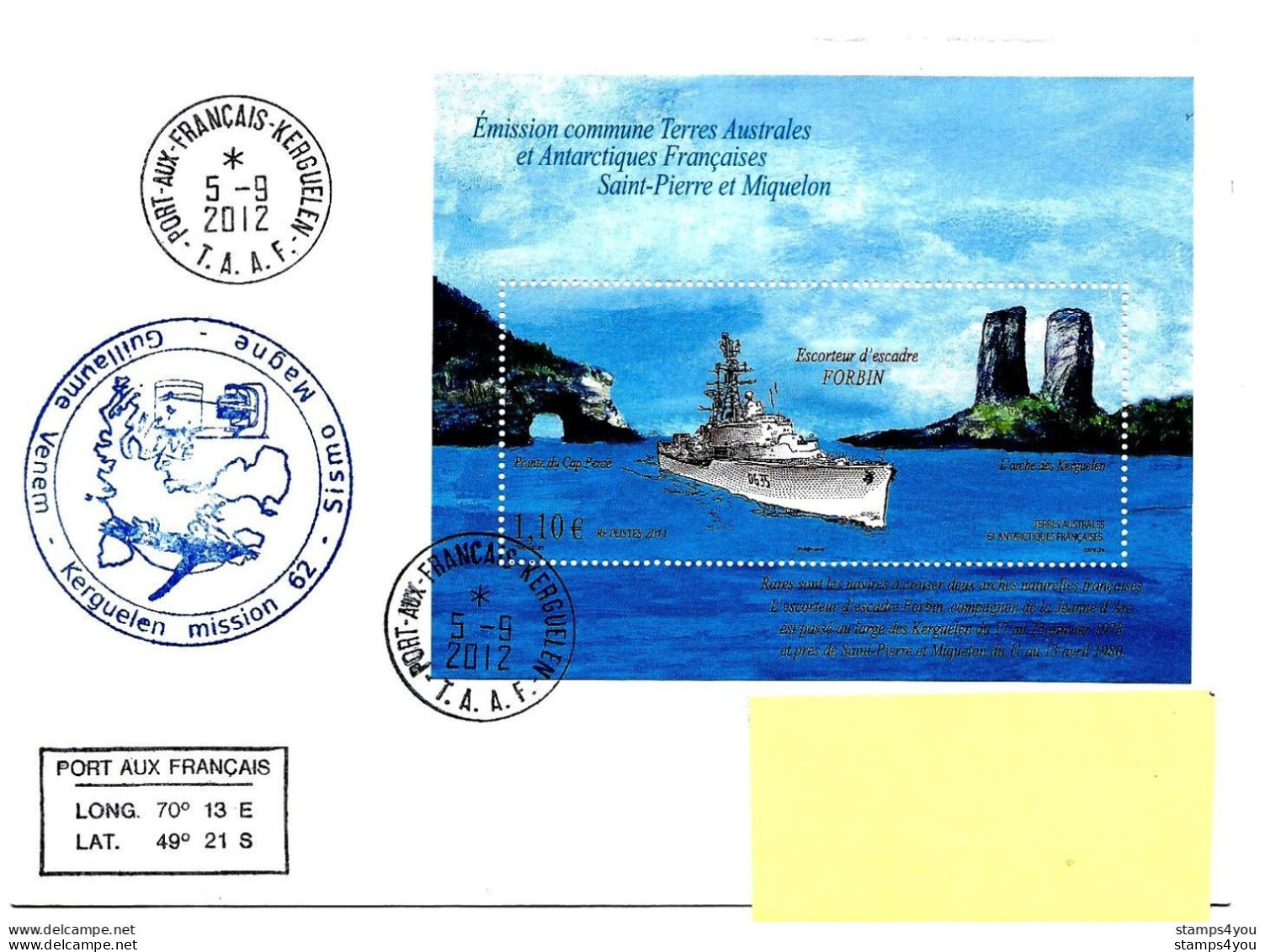 PO - 8 - Envelioppe TAAF Kerguelen Cachet Illustré Mission 62 - 2012 - Estaciones Científicas