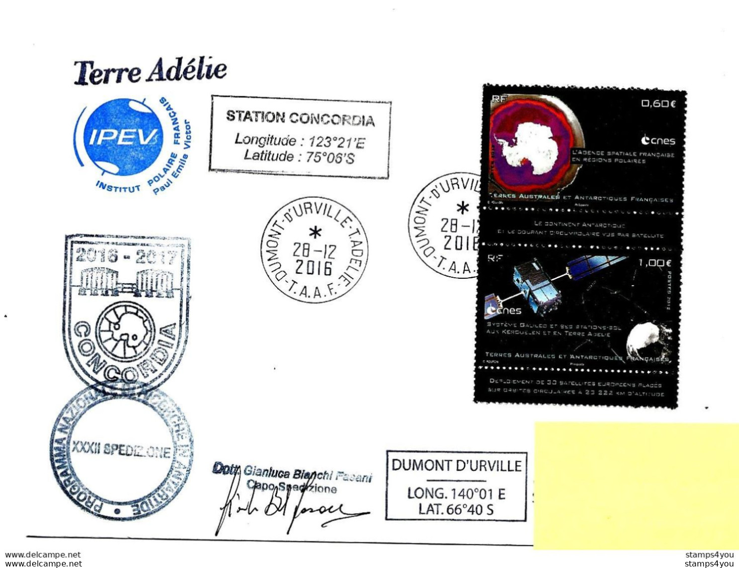 PO - 18 - Enveloppe TAAF Station Franco-italienne Concordia 2016 - Cachets Illustrés Et Signture - Estaciones Científicas