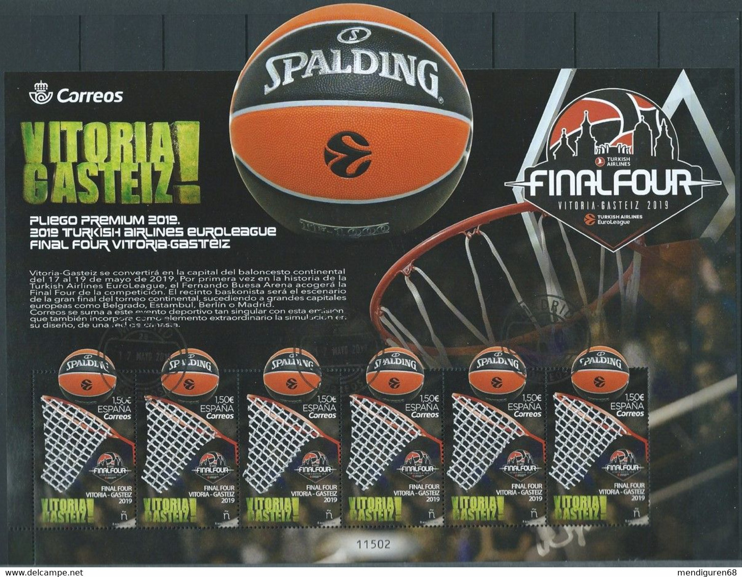 ESPAGNE SPANIEN SPAIN ESPAÑA 2019 BASKET FINAL FOUR VITORIA-GASTEIZ PREMIUN PANE USED ED 5318 MI 5354 YT 5059 SC 4360 - Used Stamps