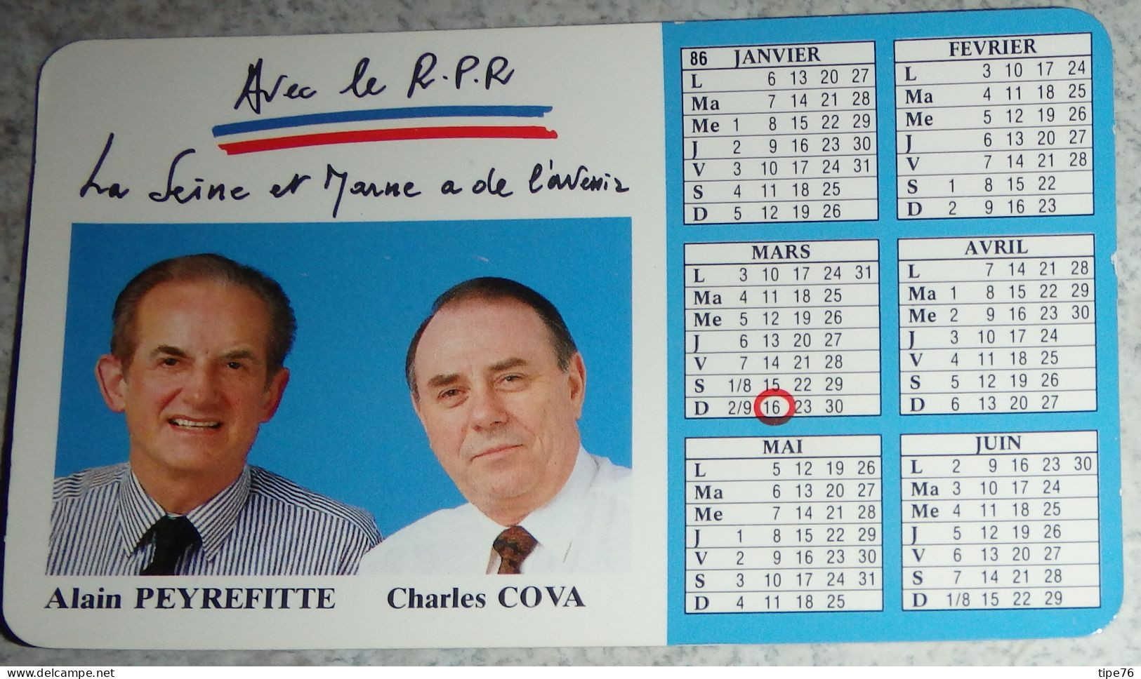 Petit Calendrier  Poche 1986 Politique R P R Alain Peyrefitte Provins  C. Cova  Chelles - Tamaño Pequeño : 1981-90
