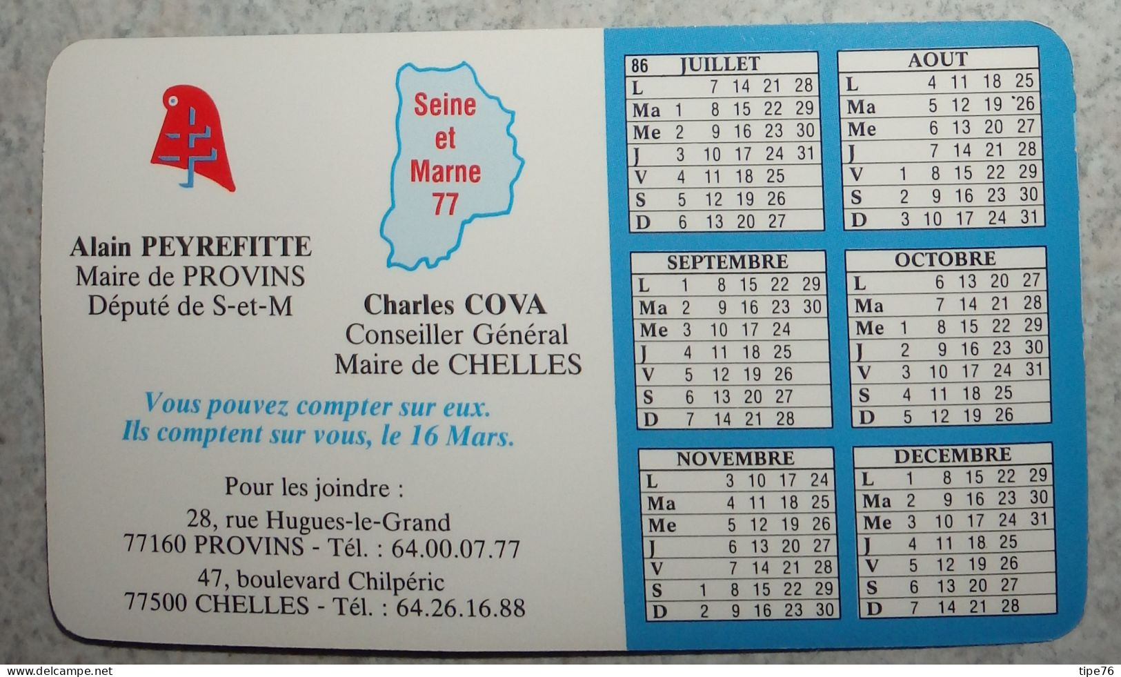 Petit Calendrier  Poche 1986 Politique R P R Alain Peyrefitte Provins  C. Cova  Chelles - Small : 1981-90