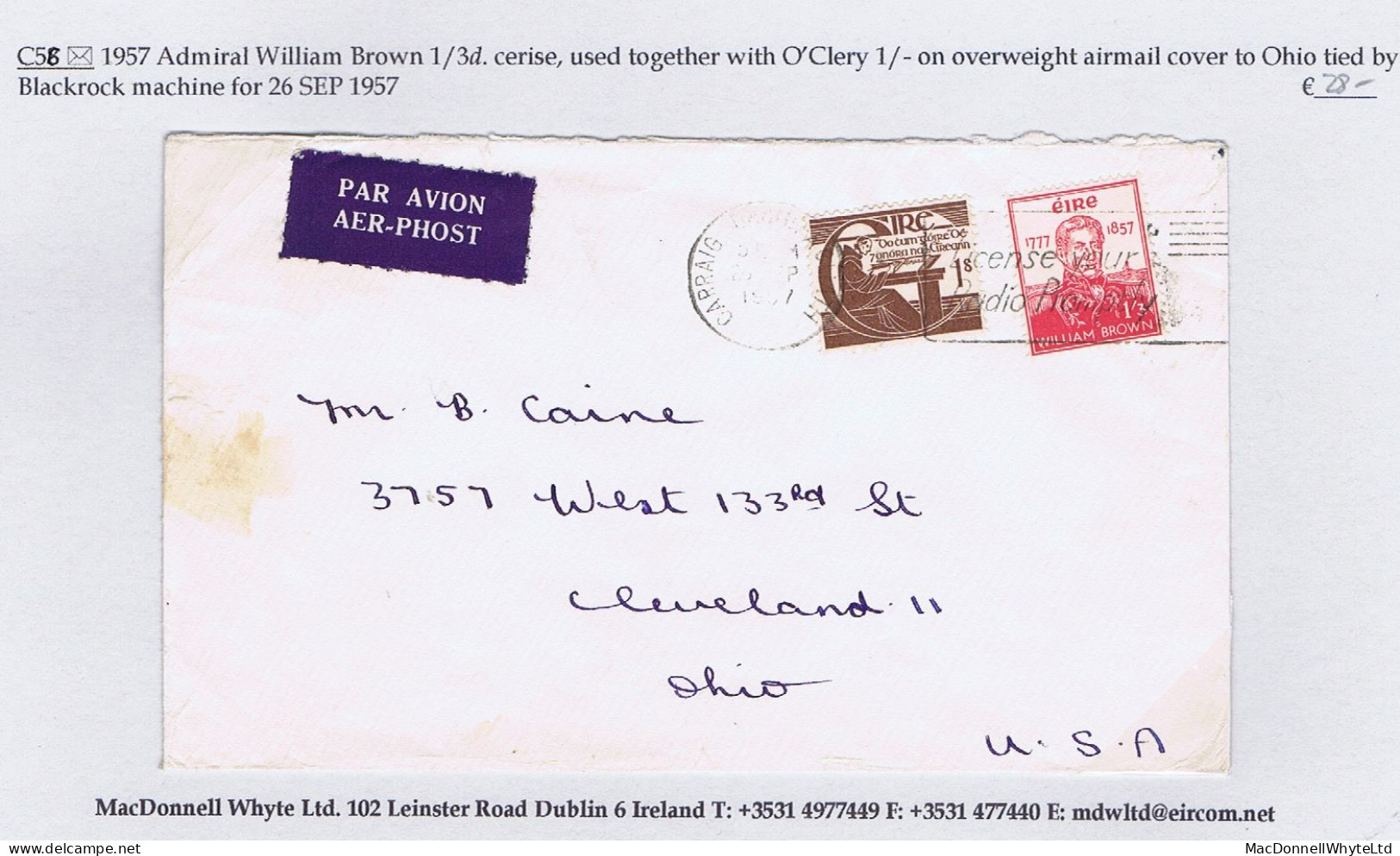 Ireland 1957 Admiral Brown 1/3d Used With O'Clery 1/- On Airmail Cover To USA - Storia Postale