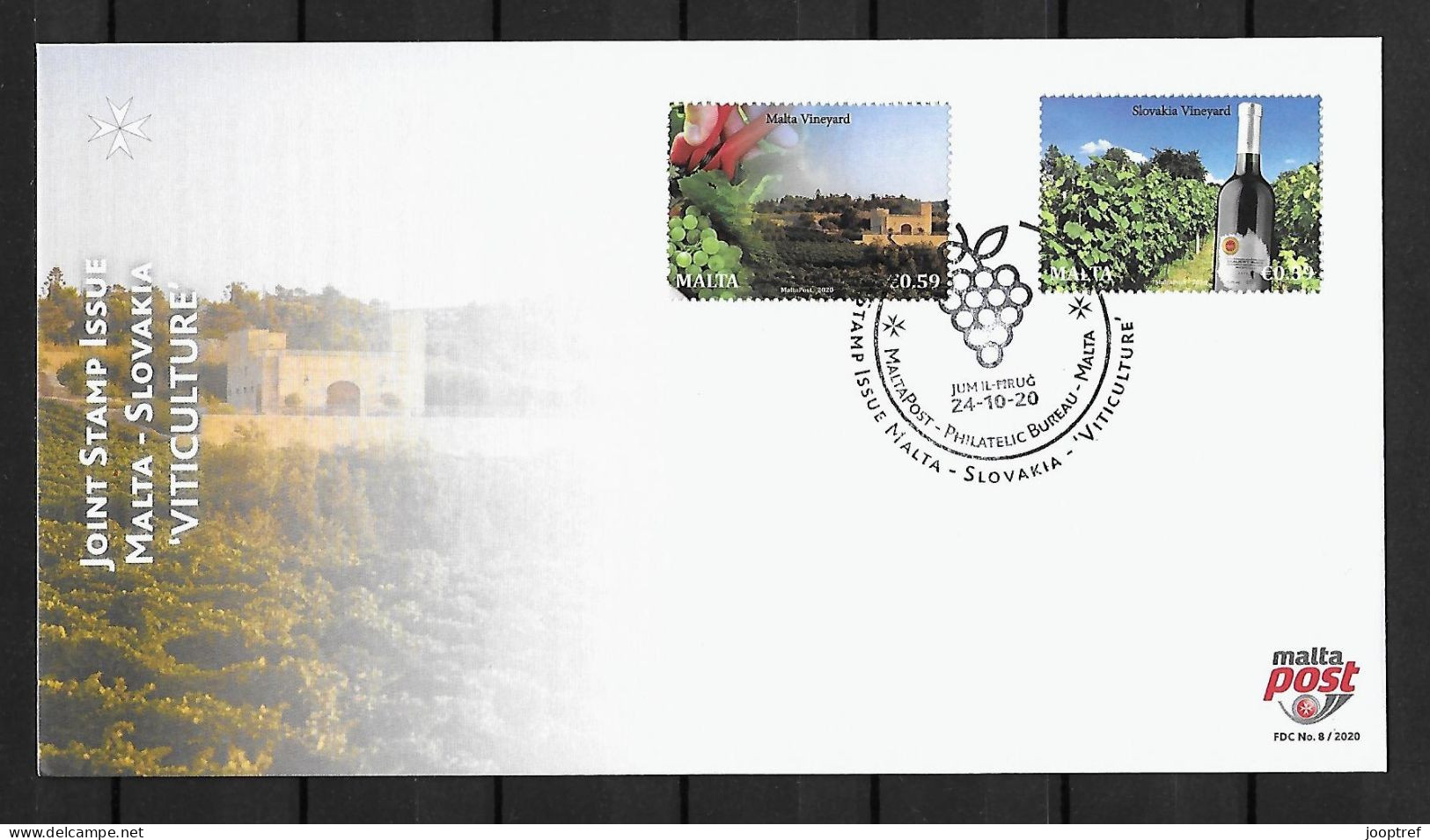 2020 Joint Malta And Slovakia, OFFICIAL FDC MALTA WITH 2 STAMPS: Viticulture - Emissions Communes