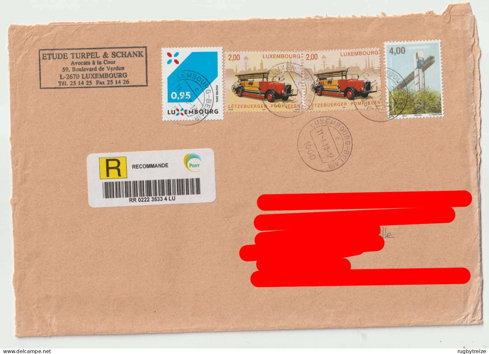 7731 Lettre Cover LUXEMBOURG Recommandé Registered 2017 Belair Camion Pompier Fireman - Brieven En Documenten