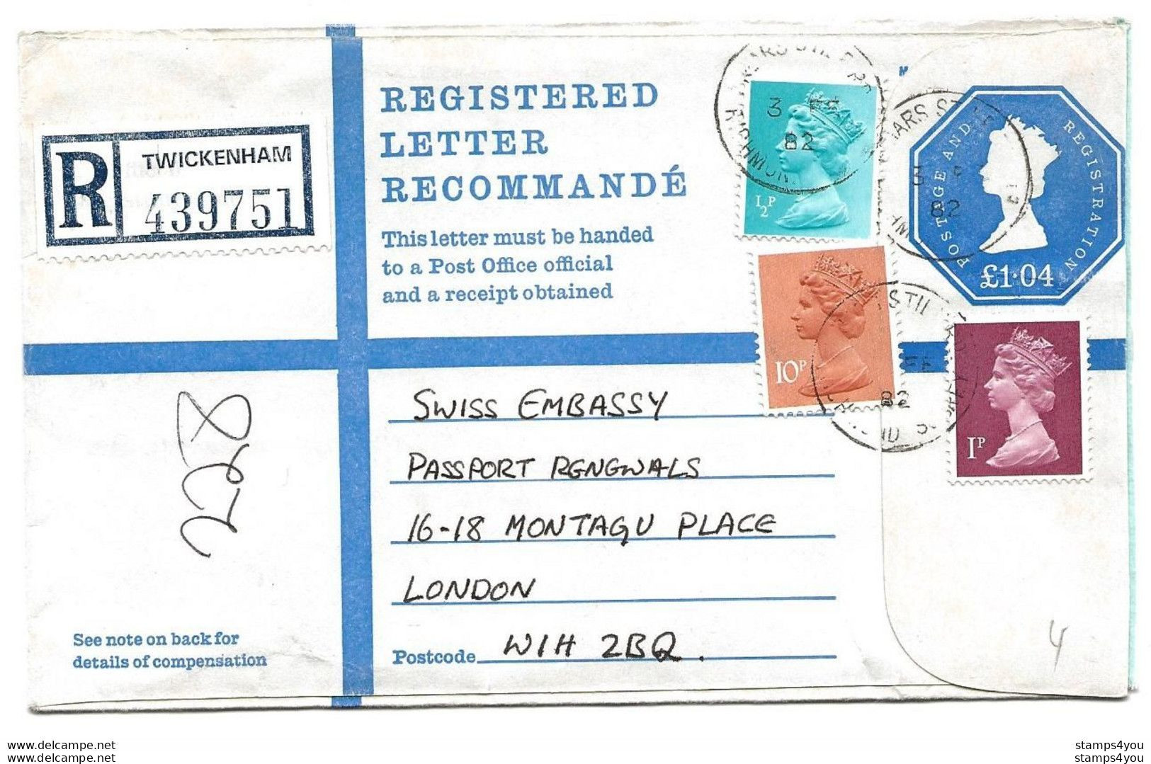 245 - 40 - Entier Postal Envoyé De Twickenham En Suisse 1982 - Stamped Stationery, Airletters & Aerogrammes