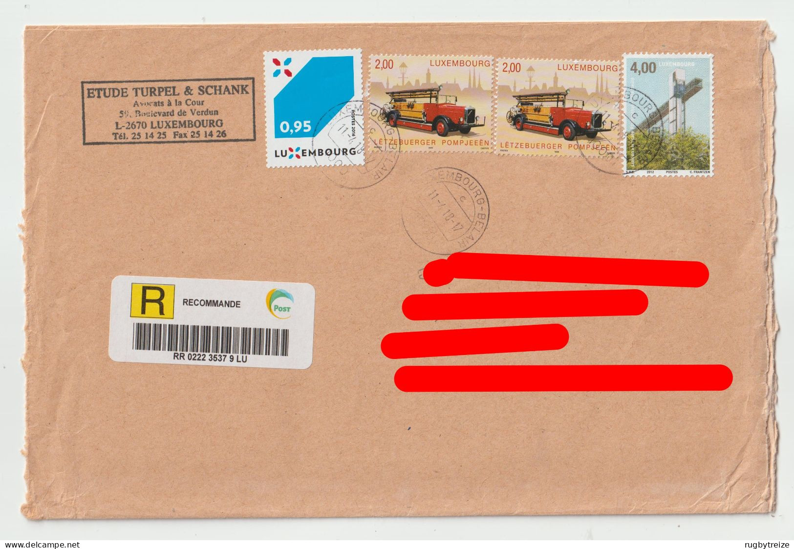 7732 Lettre Cover LUXEMBOURG Recommandé Registered 2018 Belair Camion Pompier Fireman - Cartas & Documentos