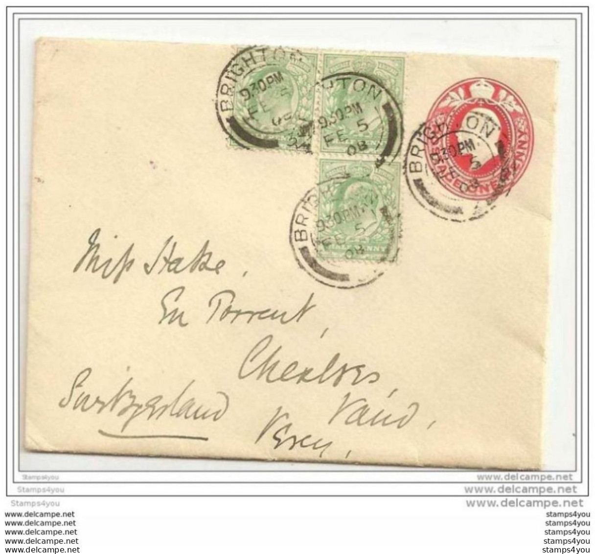 233 - 3 - Entier Postal Envoyée De Brighton En Suisse 1908 - Postwaardestukken