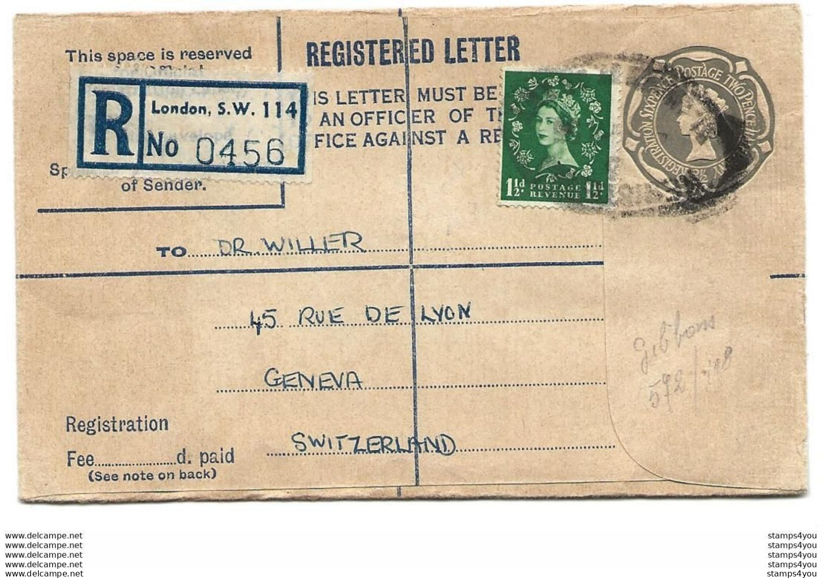 233 - 56 - Entier Recommandé Envoyé De London En Suisse 1955 - Interi Postali