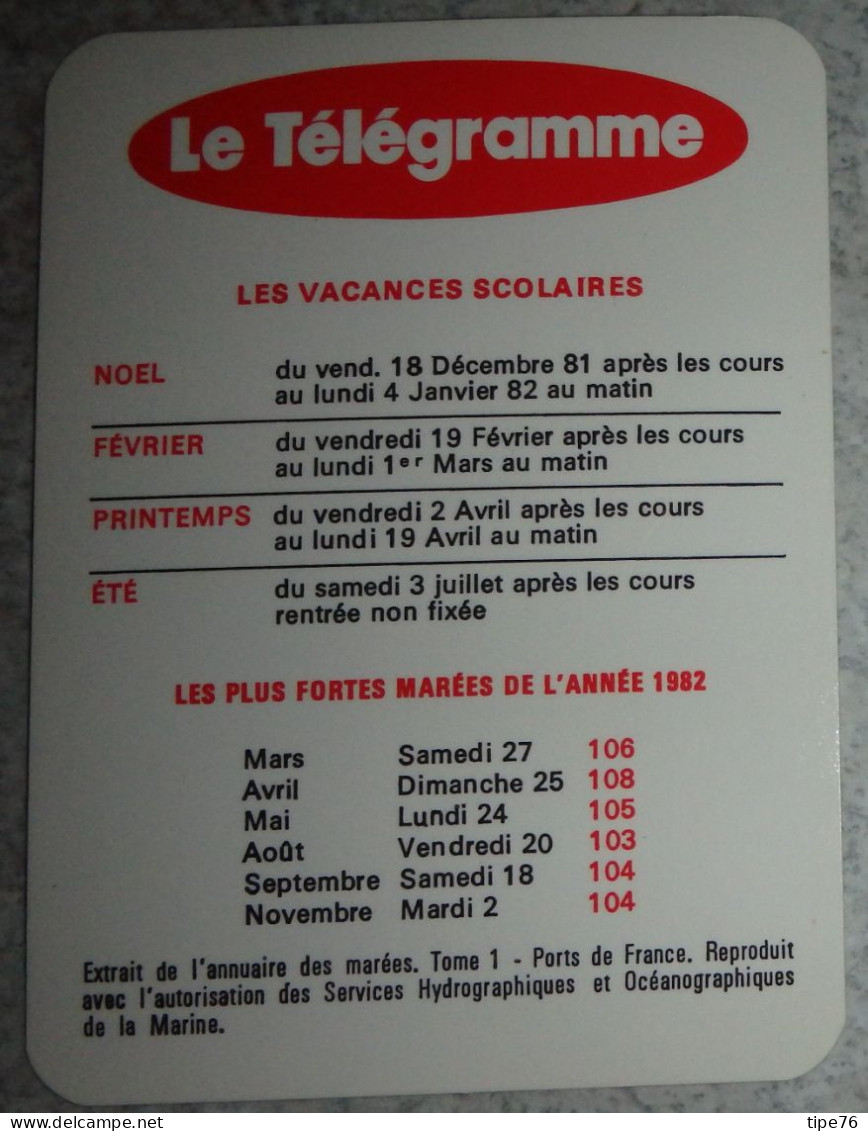 Petit Calendrier  Poche 1982 Journal Le Télégramme - Small : 1981-90